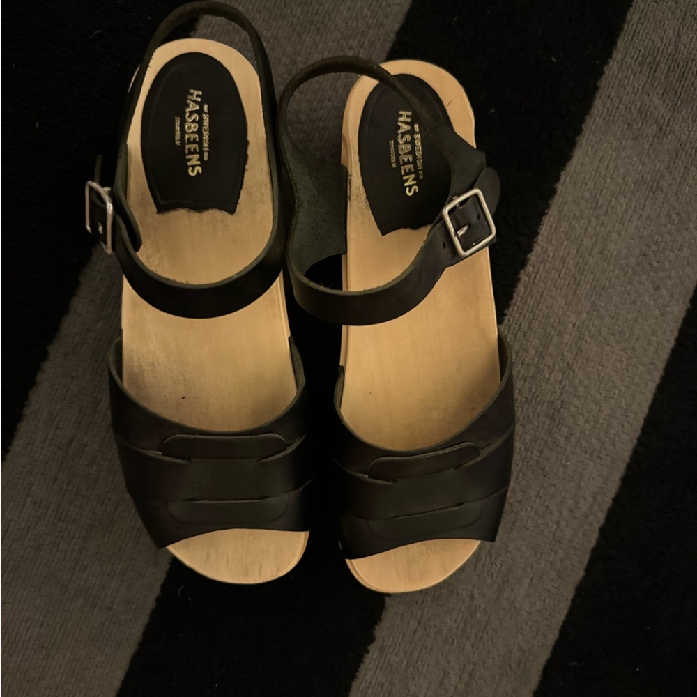 Swedish Hasbeens Black Leather Mules